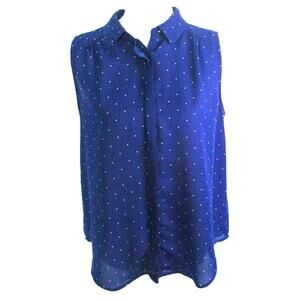 Elle Women's Sleeveless Blue Polka Dot Hidden Button Front Blouse Size Medium